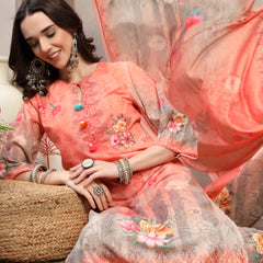 Women Peach Printed Keyhole Neck Kurta & Trousers With Dupatta