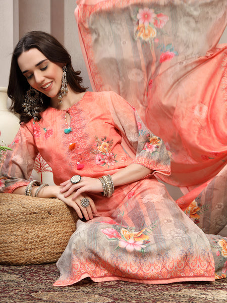 Women Peach Printed Keyhole Neck Kurta & Trousers With Dupatta