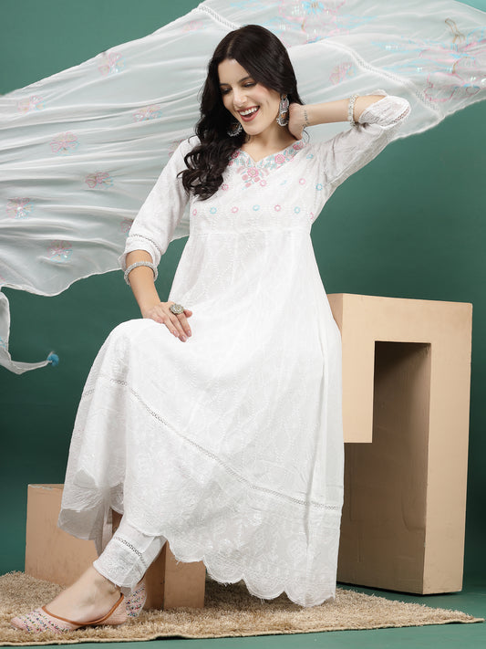 Women White Color Embroidery Anarkali Kurta Pant With Dupatta Set
