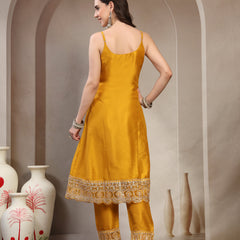 Women Yellow Embroidered Round Neck Kurta & Trousers