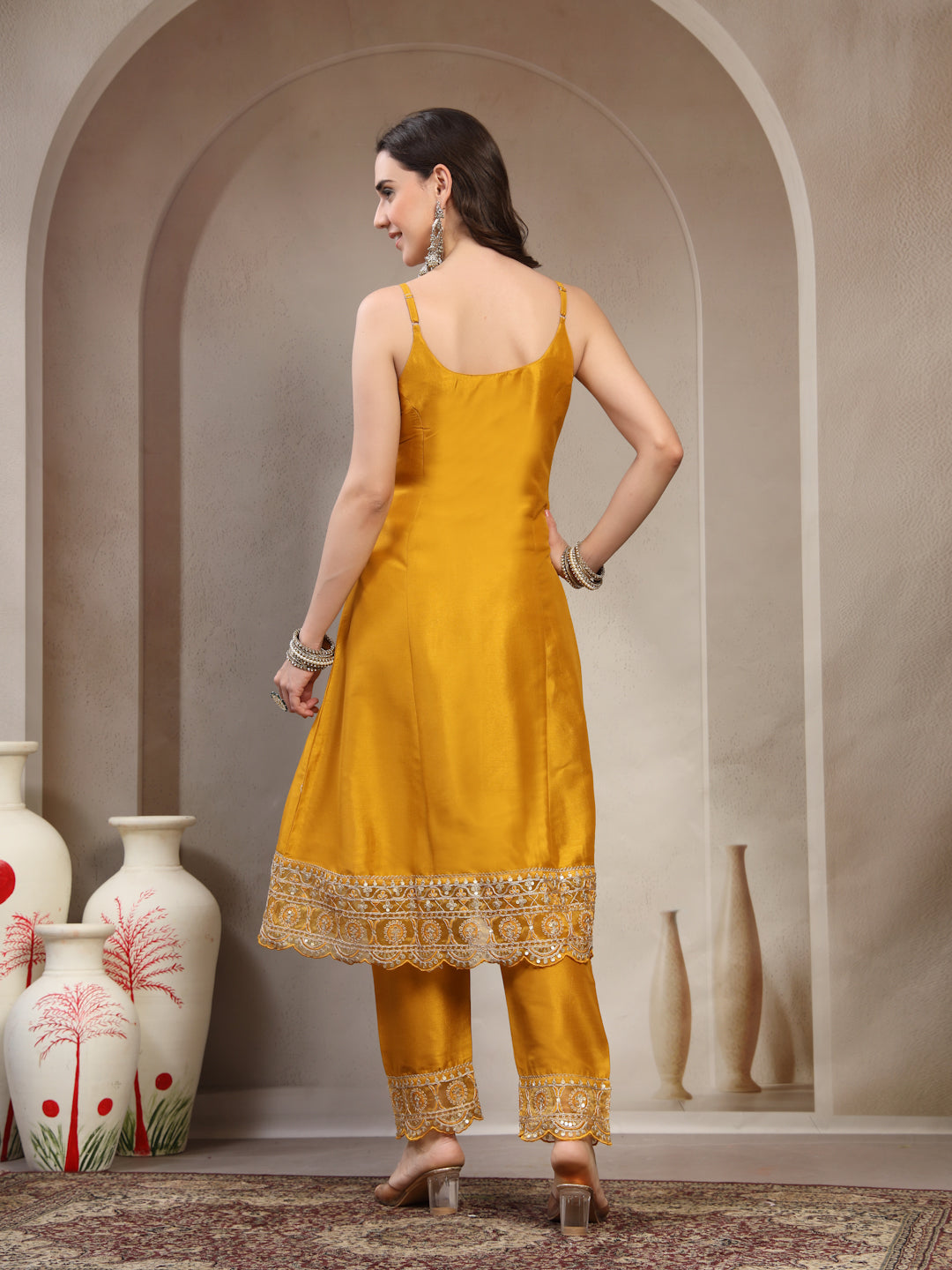 Women Yellow Embroidered Round Neck Kurta & Trousers