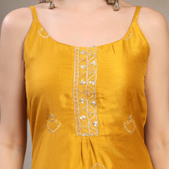 Women Yellow Embroidered Round Neck Kurta & Trousers