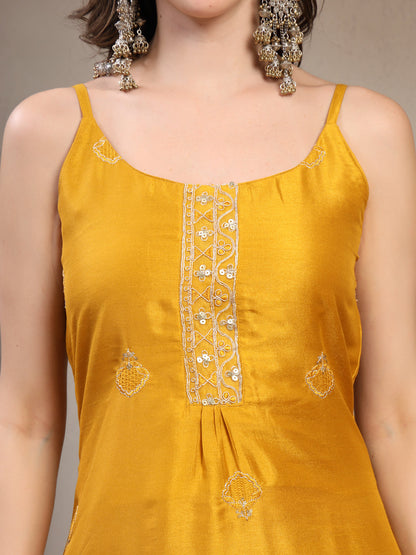 Women Yellow Embroidered Round Neck Kurta & Trousers