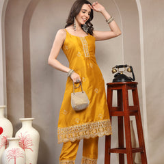 Women Yellow Embroidered Round Neck Kurta & Trousers