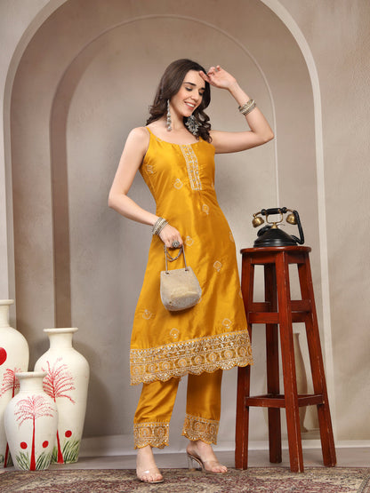 Women Yellow Embroidered Round Neck Kurta & Trousers