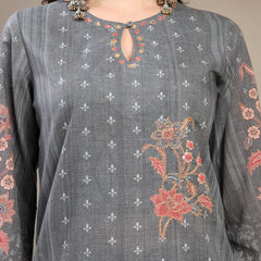 Women Grey Floral Printed Pure Cotton Round Neck Kurta & Trousers With Dupatta