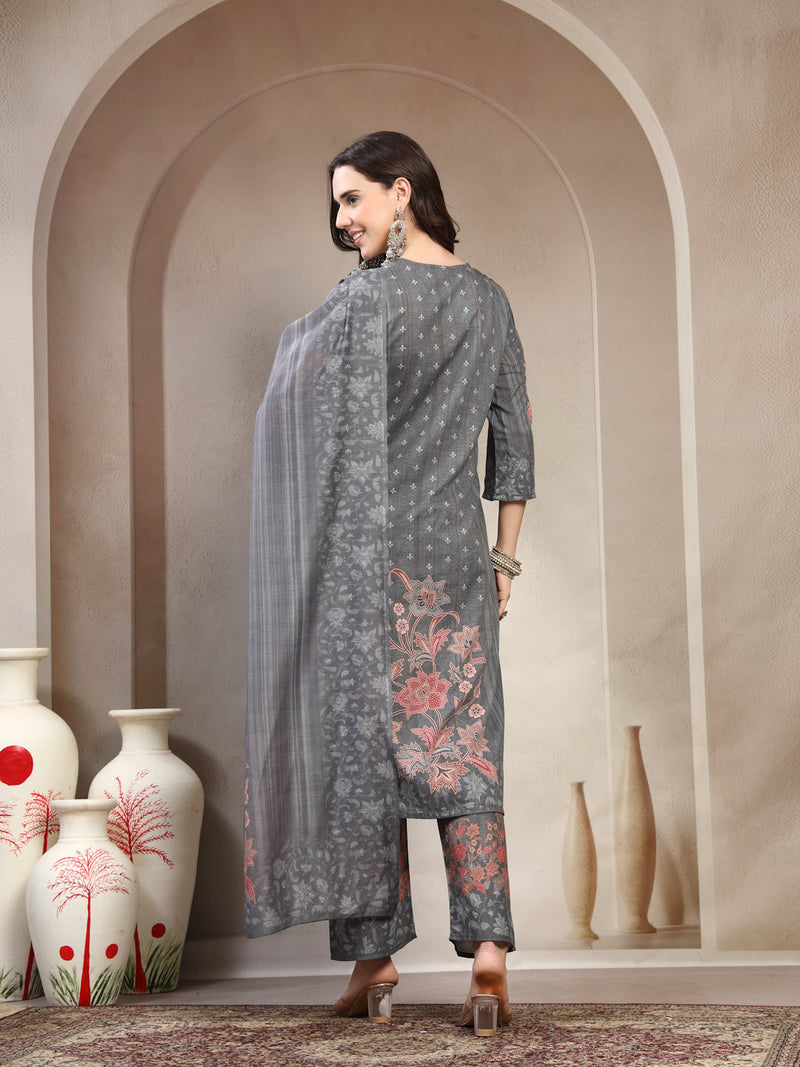 Women Grey Floral Printed Pure Cotton Round Neck Kurta & Trousers With Dupatta