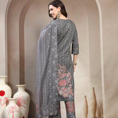 Women Grey Floral Printed Pure Cotton Round Neck Kurta & Trousers With Dupatta