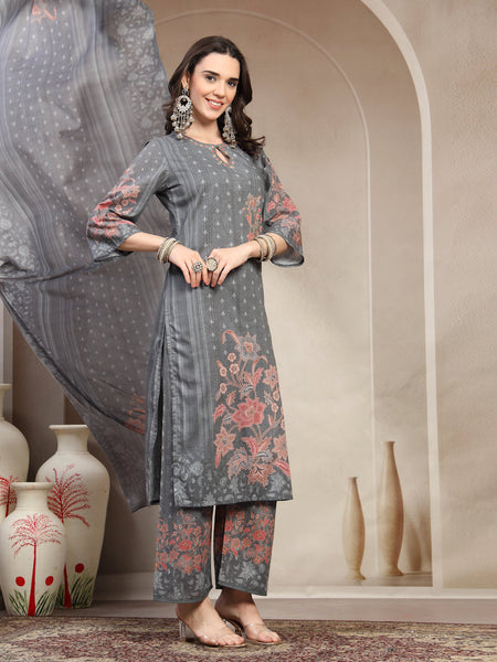Women Grey Floral Printed Pure Cotton Round Neck Kurta & Trousers With Dupatta