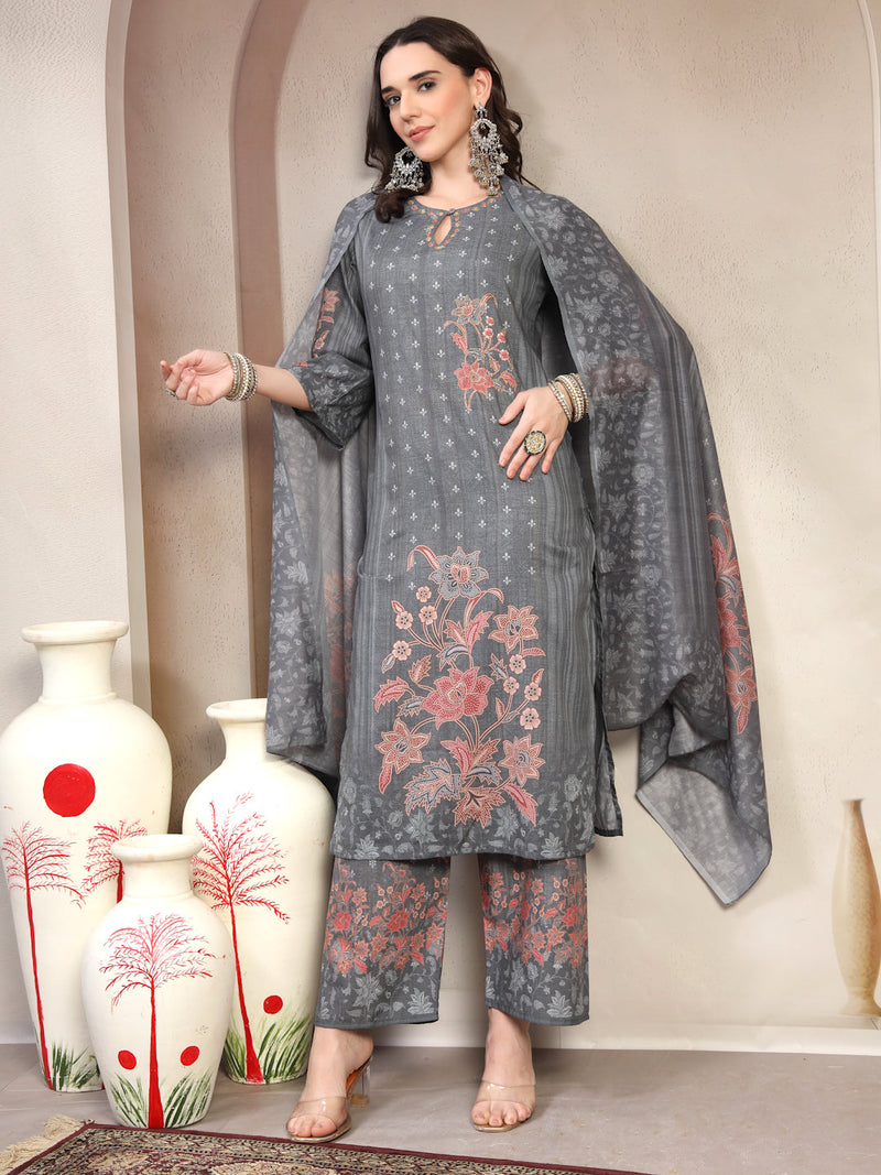 Women Grey Floral Printed Pure Cotton Round Neck Kurta & Trousers With Dupatta