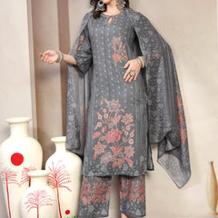 Women Grey Floral Printed Pure Cotton Round Neck Kurta & Trousers With Dupatta