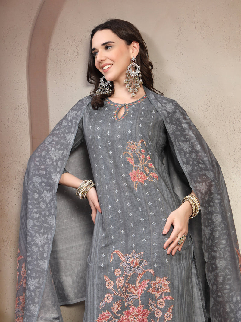 Women Grey Floral Printed Pure Cotton Round Neck Kurta & Trousers With Dupatta