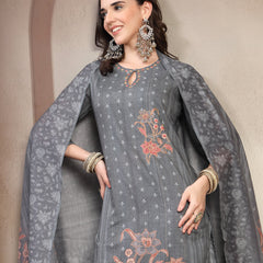 Women Grey Floral Printed Pure Cotton Round Neck Kurta & Trousers With Dupatta