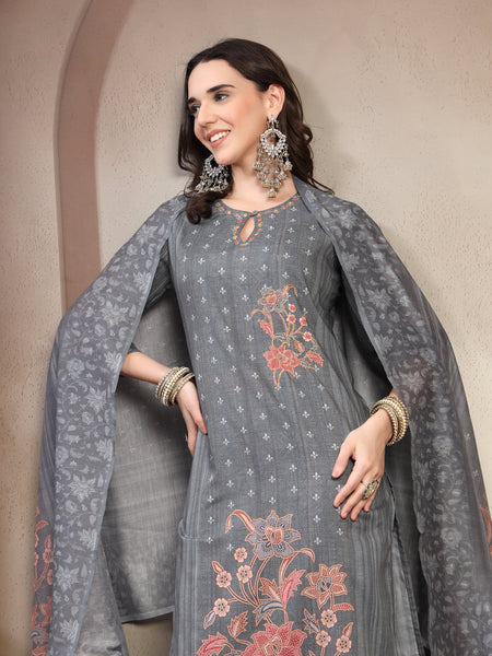 Women Grey Floral Printed Pure Cotton Round Neck Kurta & Trousers With Dupatta