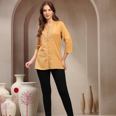 Women Beige Geometric Yoke Embroidered Mandarin Collar Regular Top