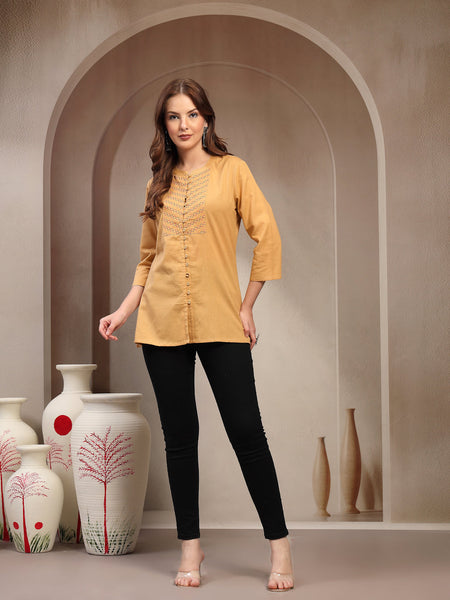 Women Beige Geometric Yoke Embroidered Mandarin Collar Regular Top