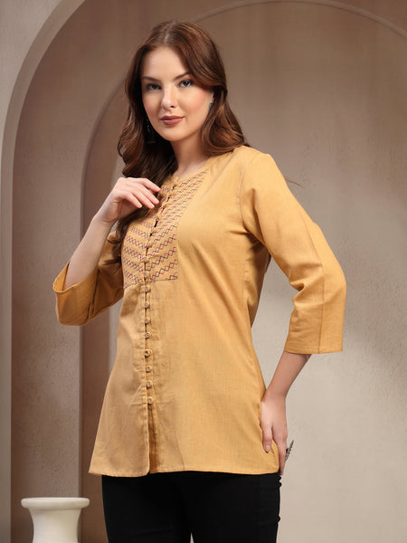 Women Beige Geometric Yoke Embroidered Mandarin Collar Regular Top