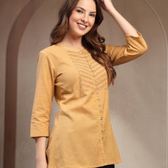 Women Beige Geometric Yoke Embroidered Mandarin Collar Regular Top