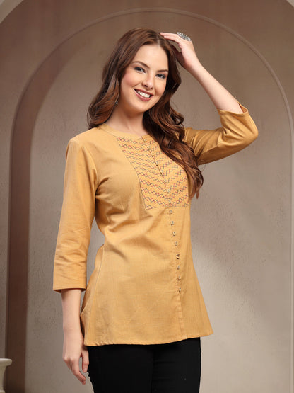 Women Beige Geometric Yoke Embroidered Mandarin Collar Regular Top