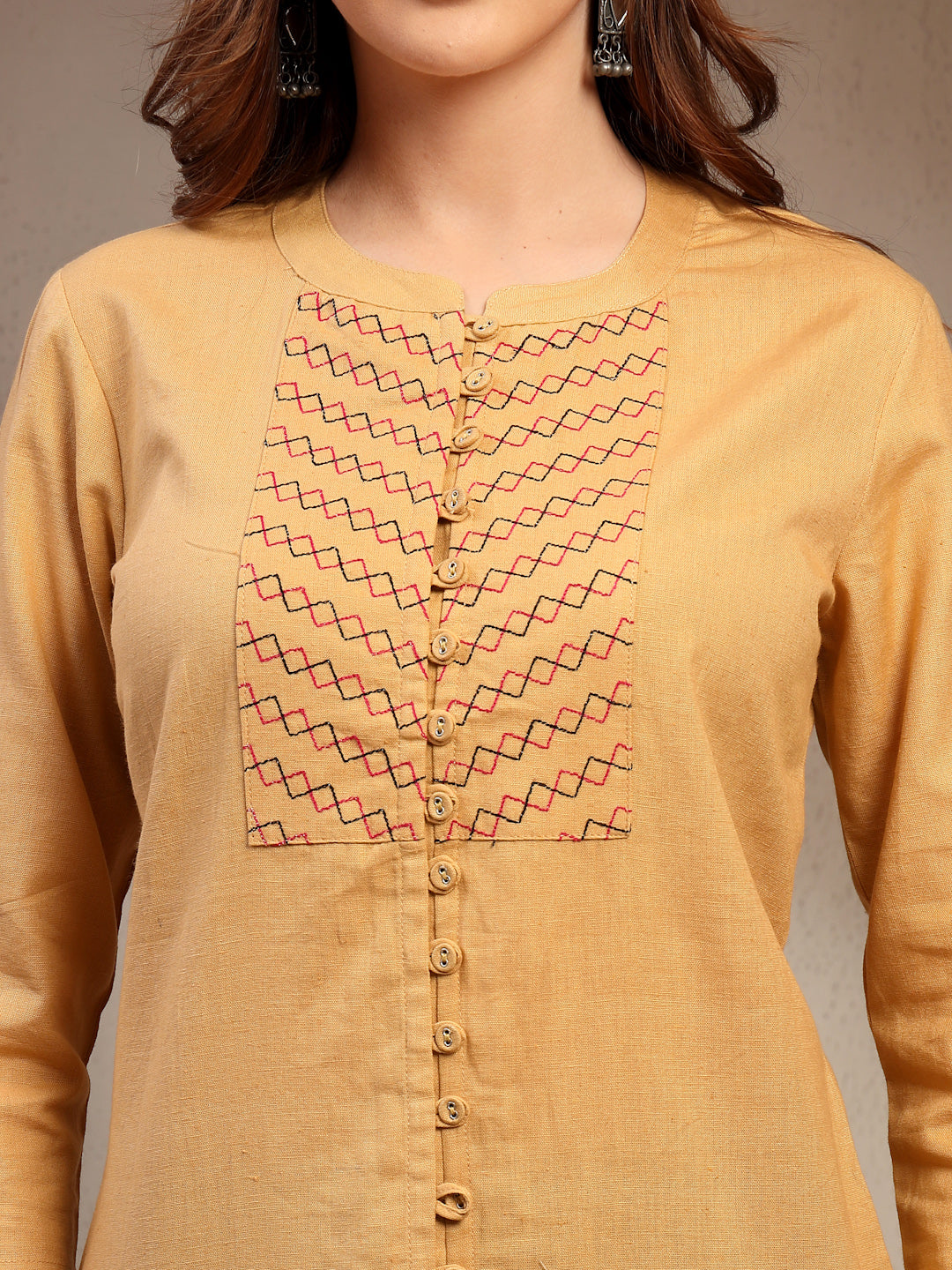 Women Beige Geometric Yoke Embroidered Mandarin Collar Regular Top