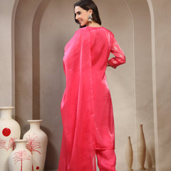 Women Pink Printed V-Neck Kurta & Trousers With Dupatta
