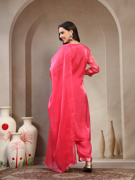 Women Pink Printed V-Neck Kurta & Trousers With Dupatta