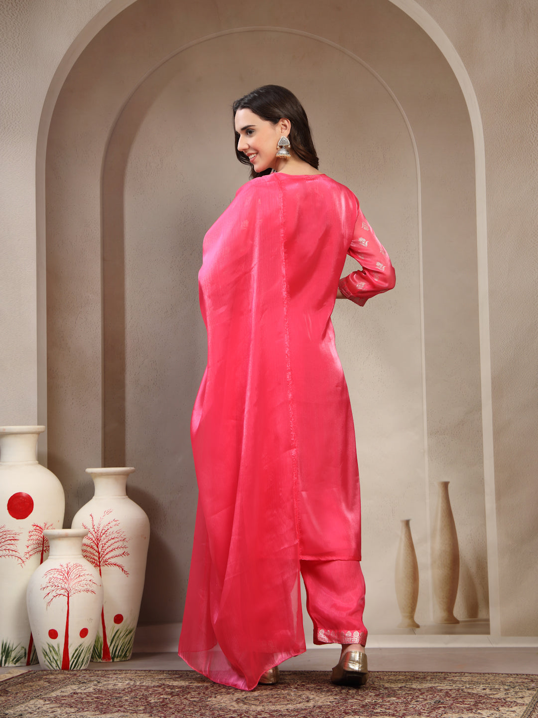 Women Pink Printed V-Neck Kurta & Trousers With Dupatta