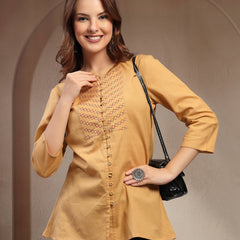 Women Beige Geometric Yoke Embroidered Mandarin Collar Regular Top