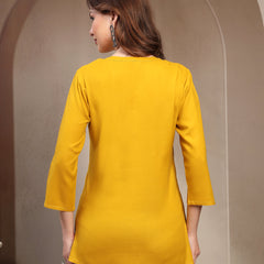 Women Mustard Geometric Yoke Embroidered Mandarin Collar Regular Top