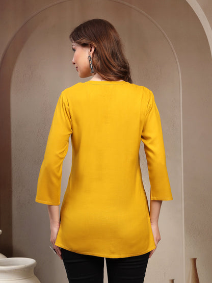 Women Mustard Geometric Yoke Embroidered Mandarin Collar Regular Top