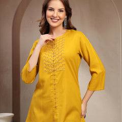Women Mustard Geometric Yoke Embroidered Mandarin Collar Regular Top