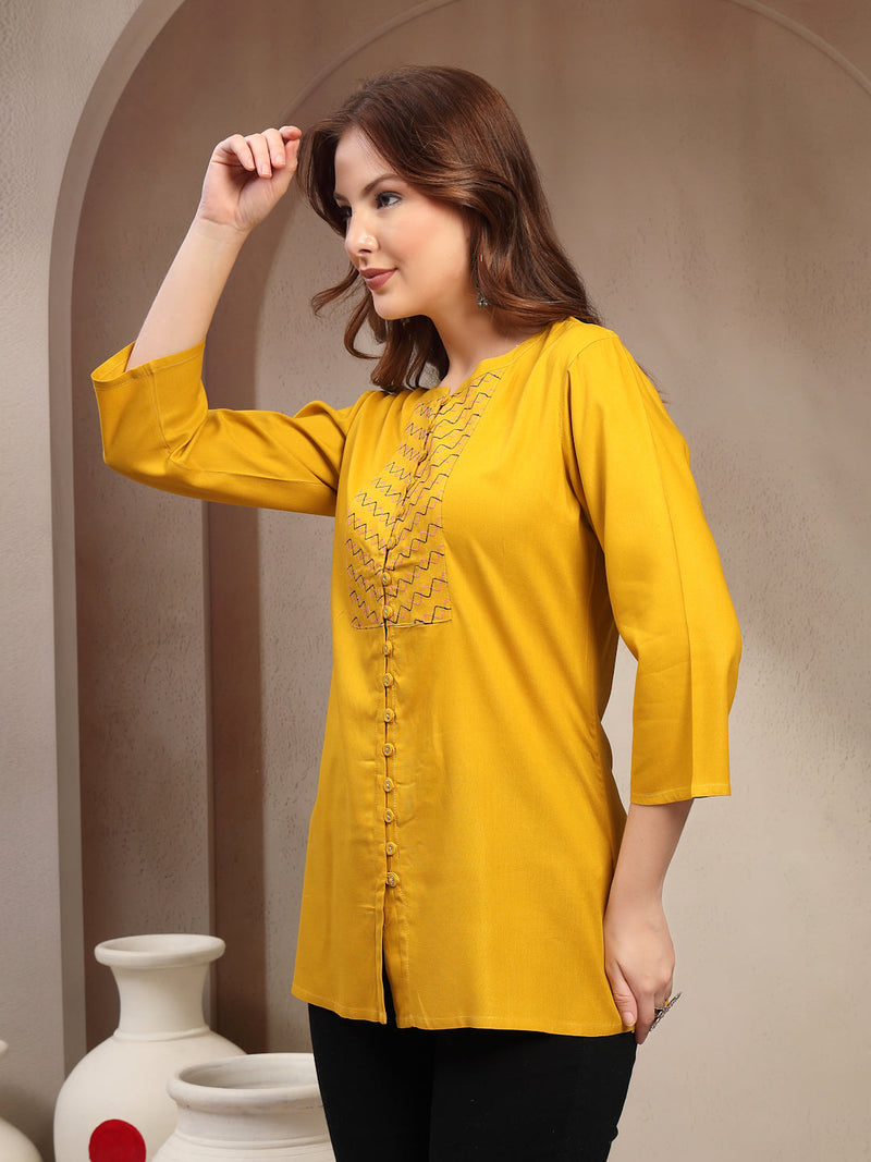 Women Mustard Geometric Yoke Embroidered Mandarin Collar Regular Top