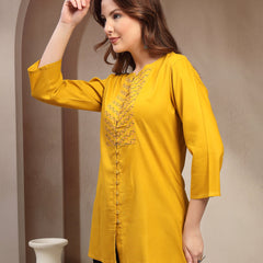 Women Mustard Geometric Yoke Embroidered Mandarin Collar Regular Top
