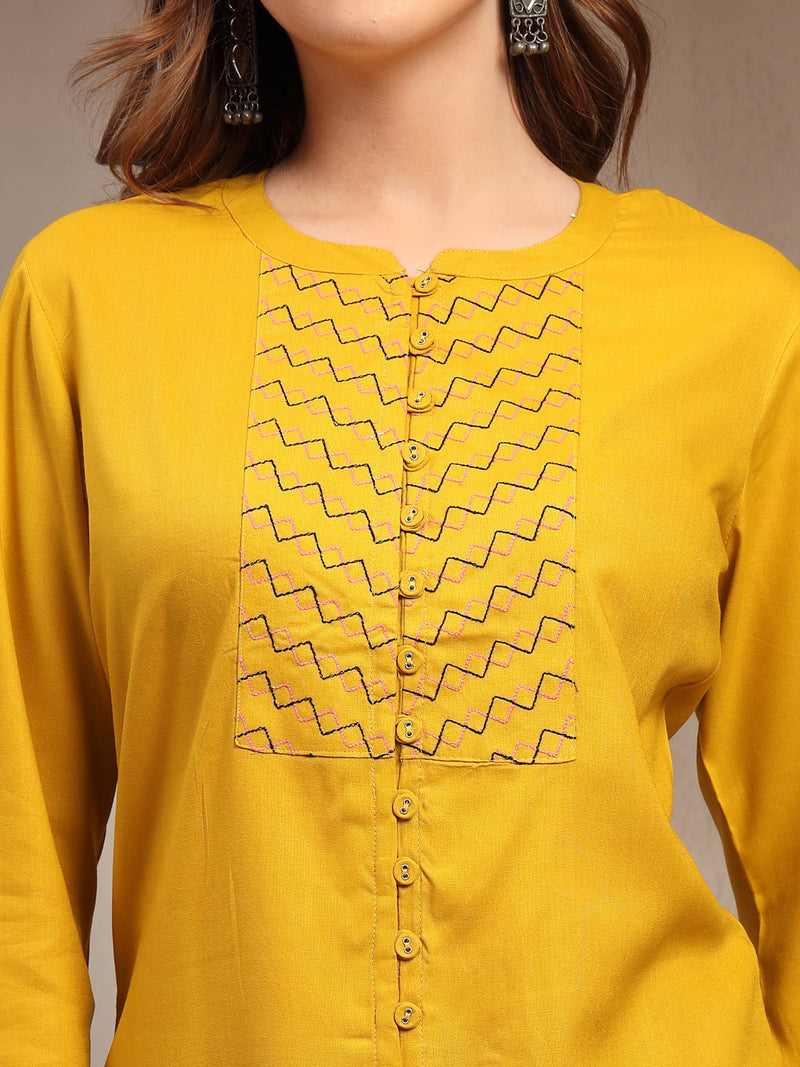 Women Mustard Geometric Yoke Embroidered Mandarin Collar Regular Top