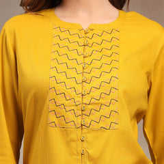 Women Mustard Geometric Yoke Embroidered Mandarin Collar Regular Top