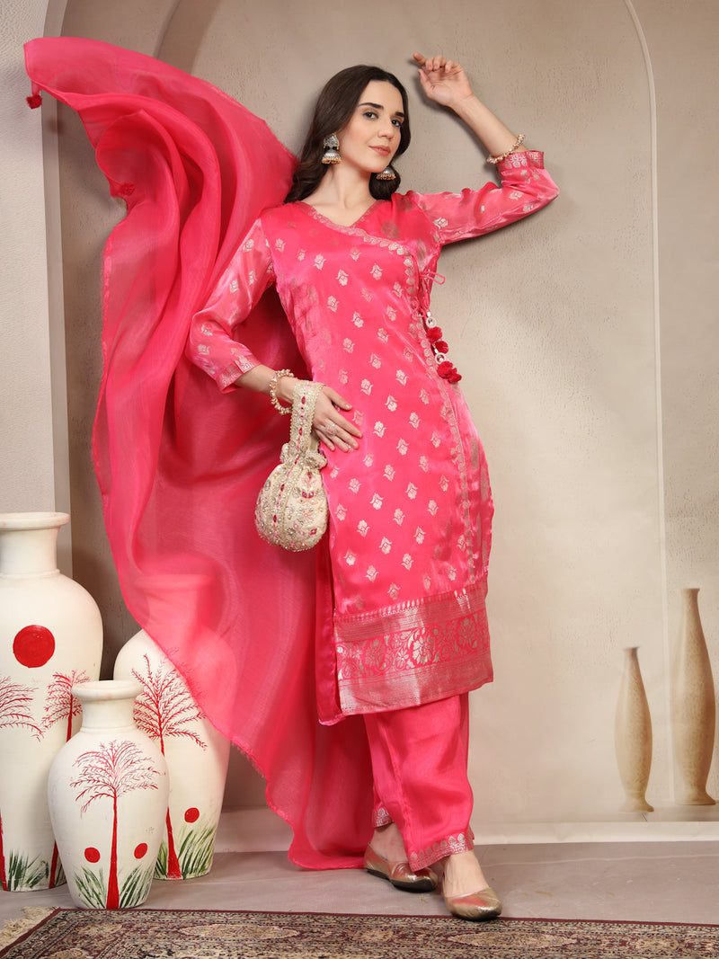 Women Pink Printed V-Neck Kurta & Trousers With Dupatta
