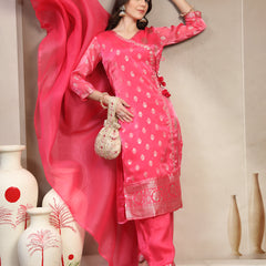 Women Pink Printed V-Neck Kurta & Trousers With Dupatta