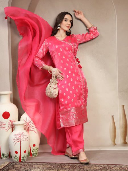 Women Pink Printed V-Neck Kurta & Trousers With Dupatta