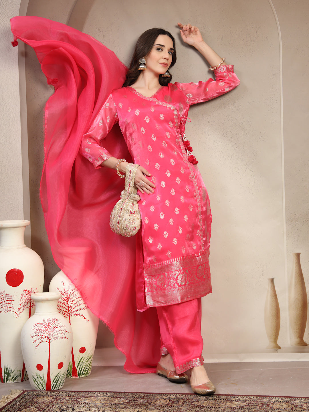 Women Pink Printed V-Neck Kurta & Trousers With Dupatta