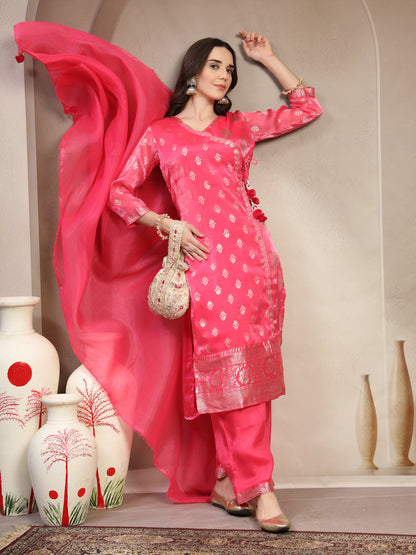 Women Pink Printed V-Neck Kurta & Trousers With Dupatta