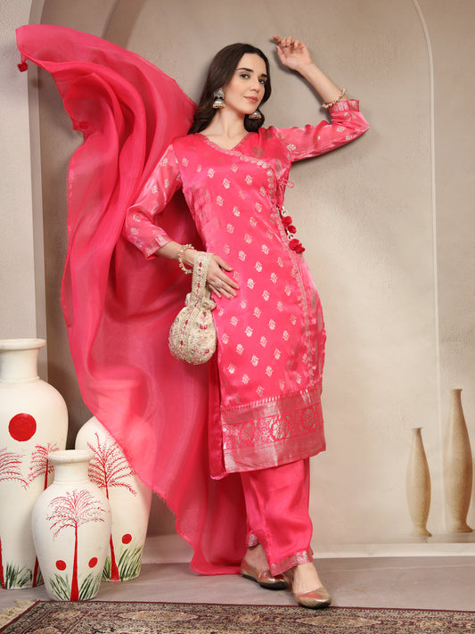 Women Pink Printed V-Neck Kurta & Trousers With Dupatta