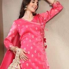 Women Pink Printed V-Neck Kurta & Trousers With Dupatta