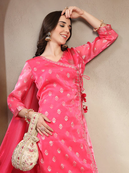 Women Pink Printed V-Neck Kurta & Trousers With Dupatta