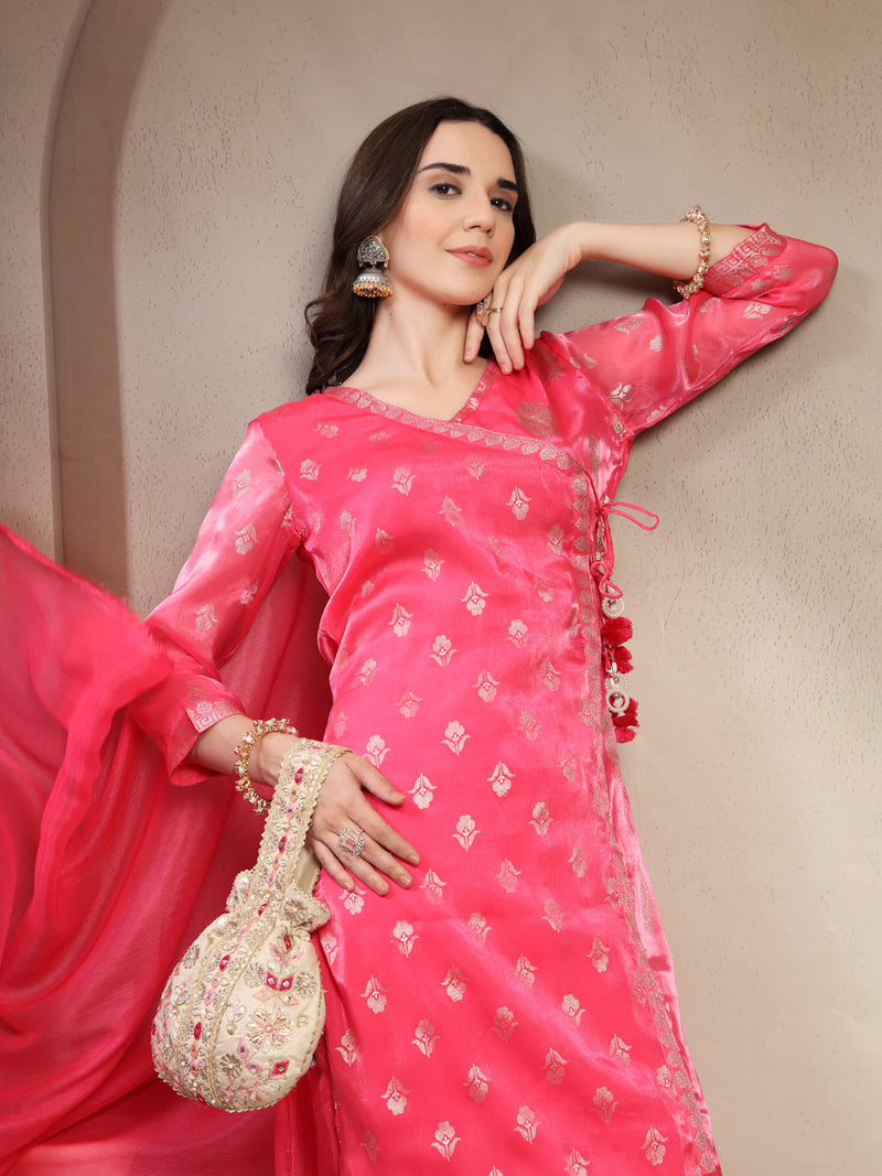 Women Pink Printed V-Neck Kurta & Trousers With Dupatta