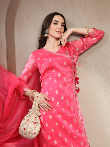 Women Pink Printed V-Neck Kurta & Trousers With Dupatta