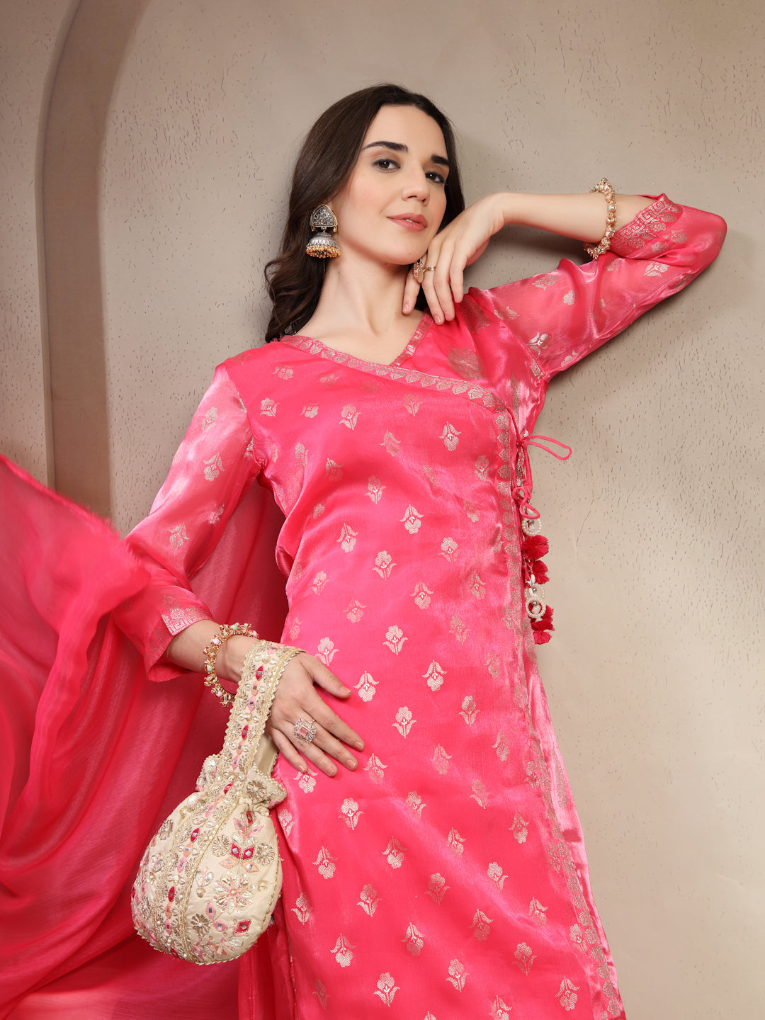 Women Pink Printed V-Neck Kurta & Trousers With Dupatta