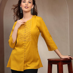 Women Mustard Geometric Yoke Embroidered Mandarin Collar Regular Top