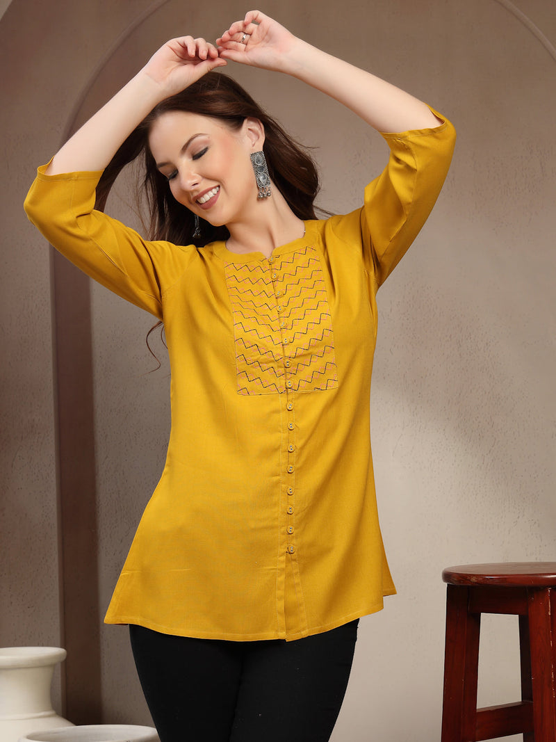 Women Mustard Geometric Yoke Embroidered Mandarin Collar Regular Top