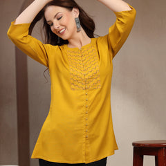 Women Mustard Geometric Yoke Embroidered Mandarin Collar Regular Top