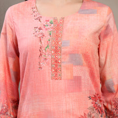 Women Peach Printed Round Neck Kurta & Trousers With Dupatta